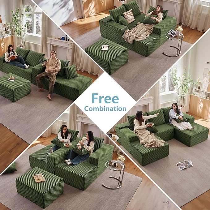 107" W Cloud Sectional Couch with Ottoman,Modern U-Shaped Cloud Couch with Deep Seat,Comfy Corduroy 3-Seater Sofa,Memory Foam Sofa for Living Room,No Assembly (Green,Right-Facing Chaise)