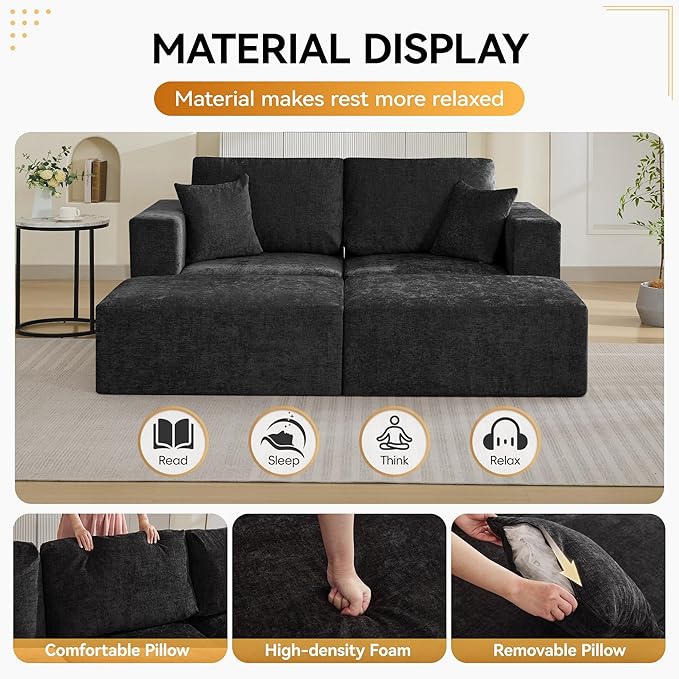 83'' Boneless Loveseat Sofa, Comfy Deep Seat Cloud Couch with 2 Moveable Ottoman, No Assembly Chenille Love Seat for Living Room, Black