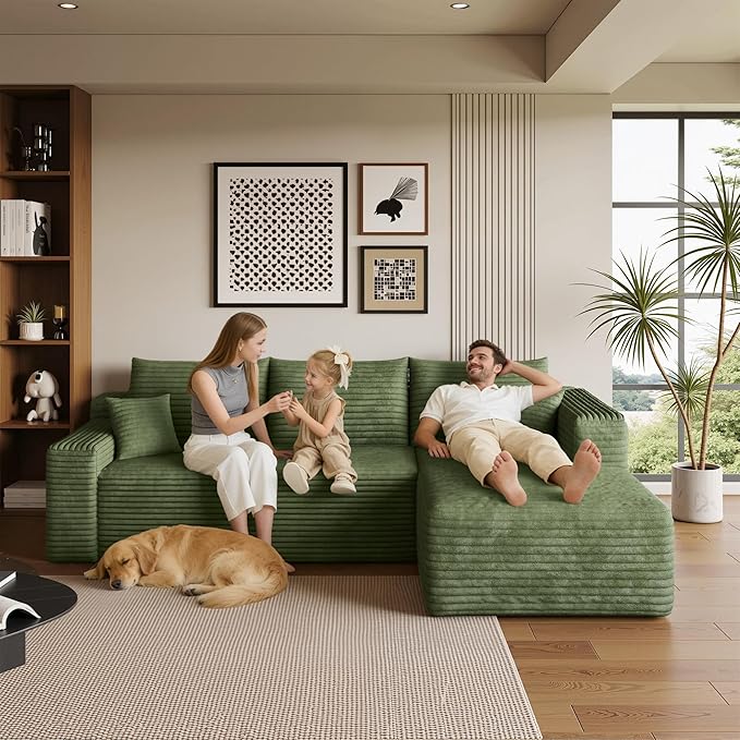 AUGOP 96" Sectional Couches for Living Room Modern Modular Sofa with L-Shape Couchs Upholstered Boneless Couch Deep Seat Sectional Couch with Chaise (Green, 96" Right Facing Chaise+2Seaters)