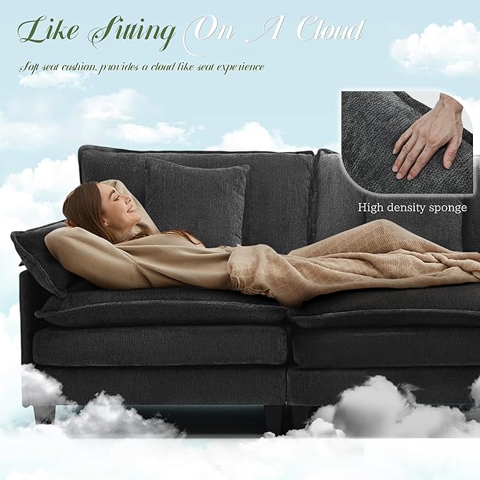 Modular Sectional Sofa, Comfy Cloud Couch with Movable Ottoman, Deep Seat Couches for Living Room, Bedroom and Apartment, 106" L Shaped Modern Sofa with Pillows, Black