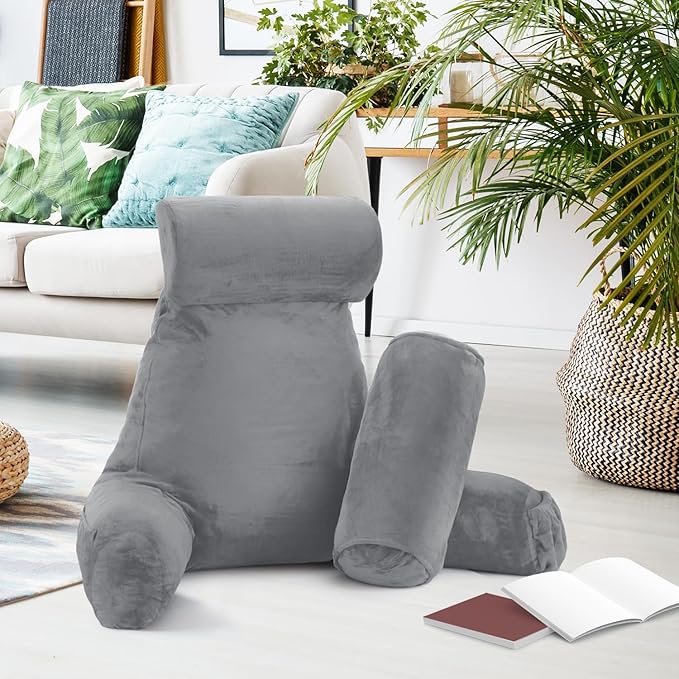Nestl Reading Pillow with Shredded Memory Foam Includes 2 Neck and Lumber Support Pillows, Designed for Sitting Up in Bed and Couch, Back and Arms Adjustable Support for Adult & Teens, Grey