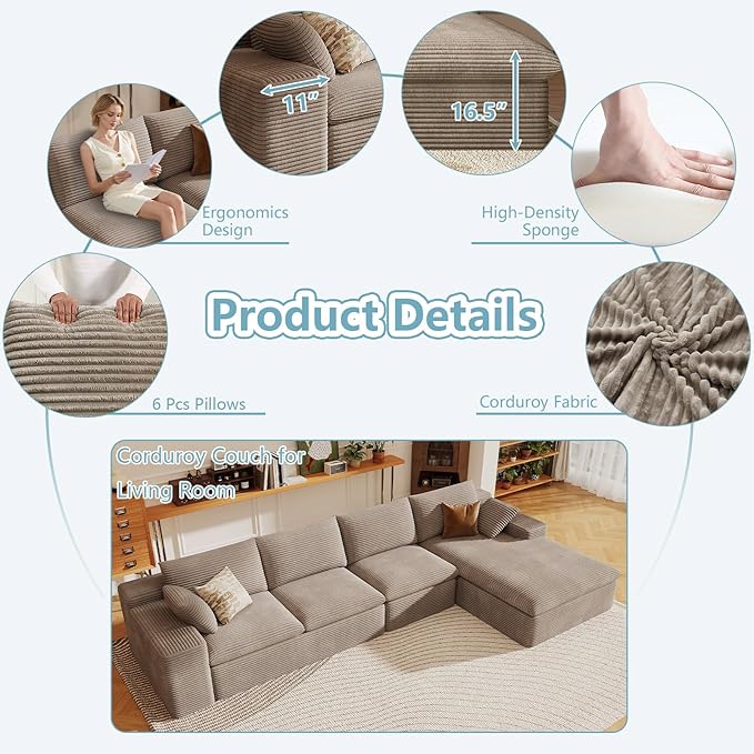 136" Cloud Sectional Couch with L-Shape Chaise, Corduroy Viral Boneless Sofa for Living Room,Modern Memory Foam Couches in a Box with Deep Seat,No Assembly Required (Camel,Right-Facing Chaise)