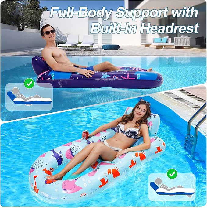 PuppyuWill 2 Pack Pool Floats Adult,Inflatable Pool Lounger Float Heavy Duty with Cup Holder, Backrest & Footrest Pool Lounge Float Extra Large Pool Rafts for Adults Beach Lake Party