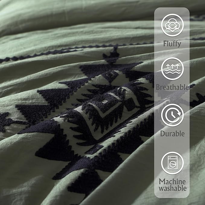 MaiRêve Embroidery Comforter Set, Boho Farmhouse Western Bedding Set, All Season Bed in A Bag Comforter Set with Sheets, Pillowcases & Shams, Olive Green Full 7 Pieces