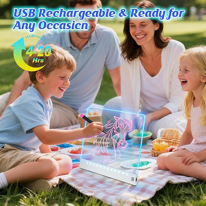 Rechargeable LED Drawing Board for Kids with Tracing Pages, Lumi Board Magnetic Light Up Acrylic Dry Erase Board, LED Note Board with 4 Magnets and Built-in Stand Christmas Gift Toy for Kids/Girls