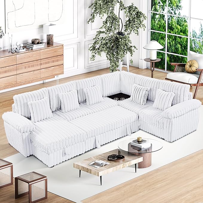 Modular Sectional Sleeper Sofa with Pull Out Bed, Storage Chaise & USB Charging, U Shaped Plush Corduroy Sectional Couches for Living Room, Comfy Convertible 7 Seat Cloud Sofa Bed, Grey