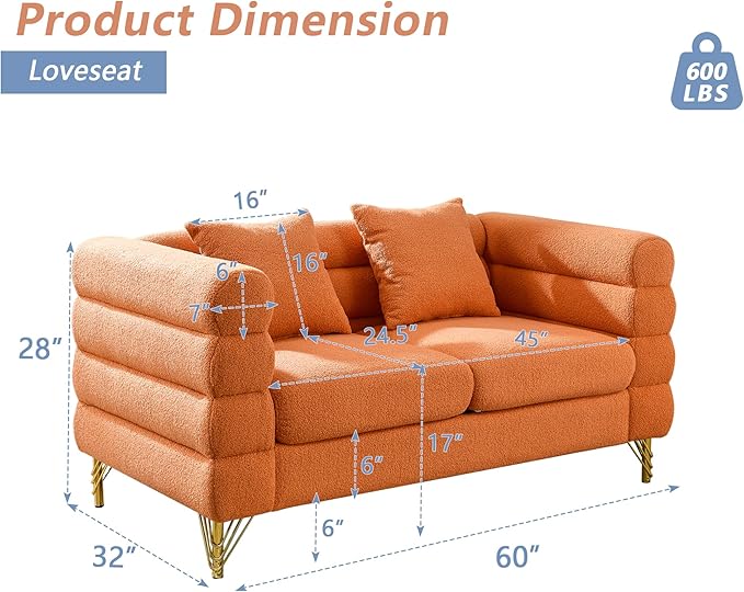mikibama Modern Teddy Loveseat Sofa, 60 Inch Sectional Sofa Couch, Luxury 2 Seater Deep Couch with 2 Pillows and Gold Metal Legs for Living Room, Bedroom, Apartment (Orange)