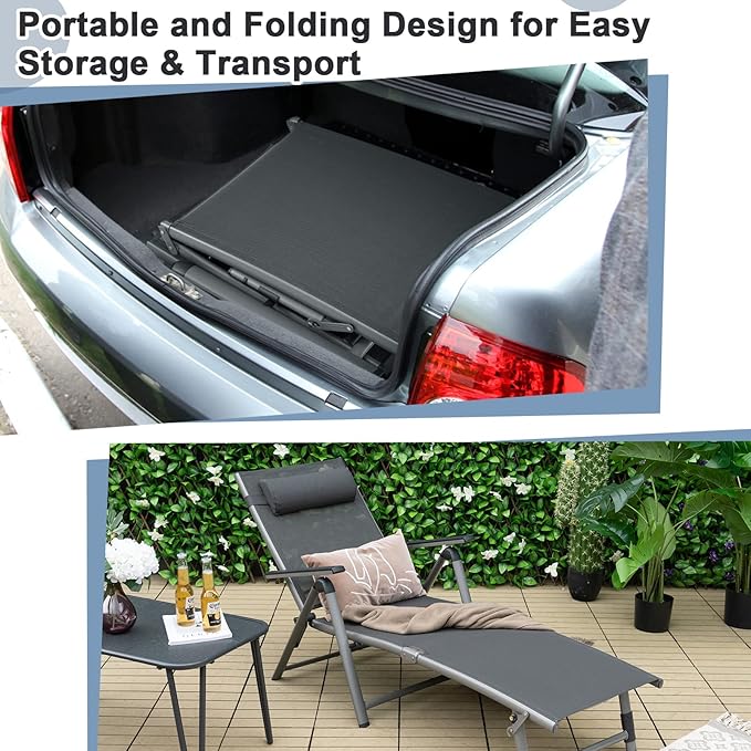HAPPYGRILL Patio Lounge Chairs Set of 2, Aluminum Chaise Lounge Chair with 8-Position Adjustable Backrest, 2-Position Footrest, Comfortable Headrest, Outdoor Folding Reclining Chair