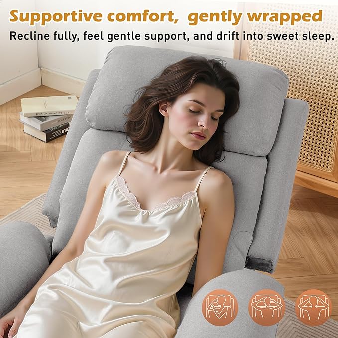 Recliner Chair, Living Room Chairs for Adults, Padded Deep Seat Reading Chair with Side Pockets, Small Recliners for Small Spaces, Lounge Chair for Living Room, Bedroom, and RV (Linen)