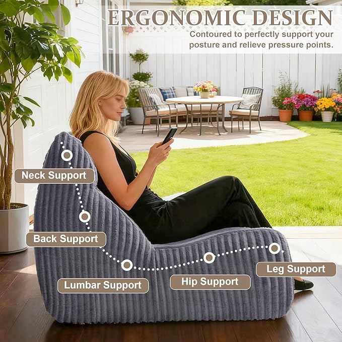 Bean Bag Chairs, Giant Bean Bag Chair for Adults, Memory Foam Lounge Chair, Comfy Lazy Floor Chair, Bean Bag Sofa for Living Room, Bedroom and Office, Loveseat Bean Bag (Grey)
