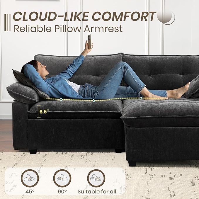 PALLOME 82" Deep Seat Comfy Cloud Couch, Modular Sectional Sofa with Movable Ottoman, L Shaped Chenille Sofa for Small Space, Modern Apartment Living Room & Office (Grey, 2-Seat + Ottoman)