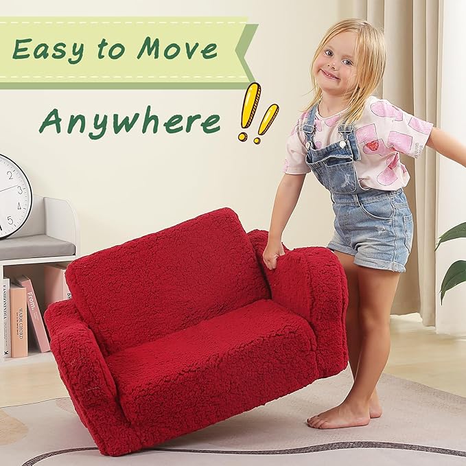 Kids Sofa, 2-in-1 Flip-Out Foam Couch with Soft Sherpa Cover, Cozy Play Lounge Chair, Red