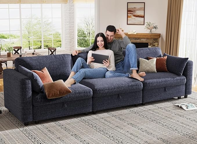 KKL Modular Sectional Sofa Couches for Living Room, 113" Sofa Couch with Adjustable Backrest, 3 Seater Sofa Couch with Comfy Cushion, Chenille, Blue
