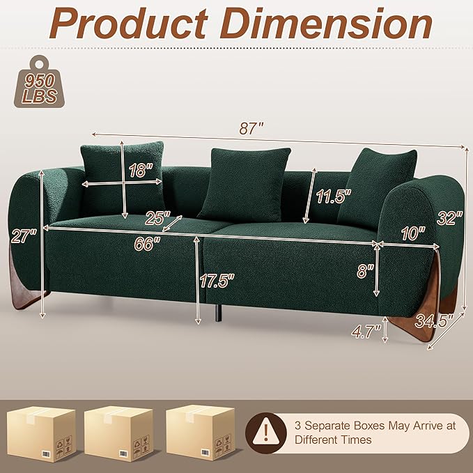 87" Sherpa Boucle Cloud Couch Modern 3 Seater Sofa with Solid Wood Legs, 25" Extra Deep Seat, Comfy Thick Cushion Upholstered Sofa Couches with 3 Pillows for Living Room, Green