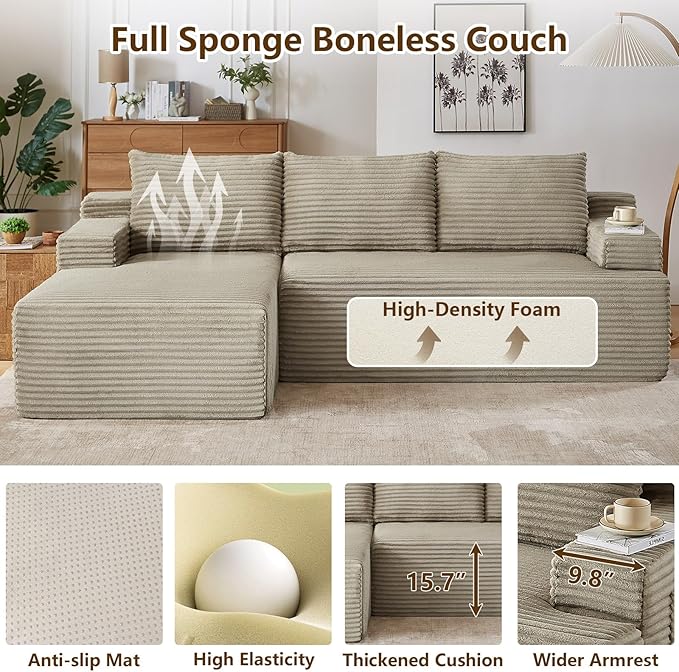 96.1" Modular Sectional Sofa Couches L-Shape Couch 3 Seat Modular Sofa Corduroy Memory Foam Sectional Boneless Couches for Living Room, Cloud Couch with Oversized Chaise(Camel, Left Facing)