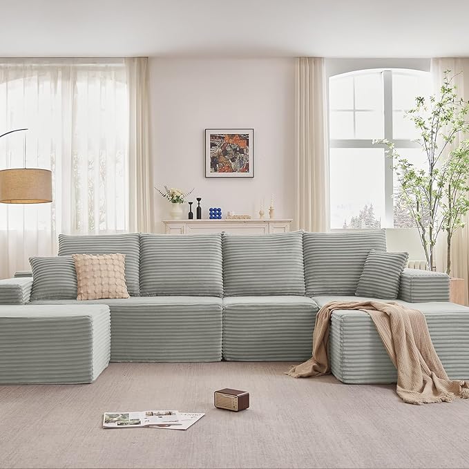 135.4" Cloud Sectional Couch with Ottoman,Modern U-Shaped Cloud Couch with Deep Seat,Comfy Corduroy 4-Seater Sofa,Memory Foam Sofa for Living Room,No Assembly (Gray,Right-Facing Chaise)
