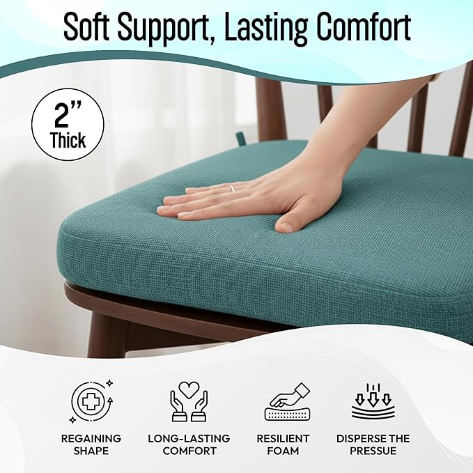 D-Shaped Indoor Chair Cushions 17" x 16" for Kitchen & Dining Chairs – 2'' Thick Seat Pads with Ties & Non-Slip Backing, High-Density Foam, Machine-Washable Covers, Set of 4 with Chair Leg Pads, Teal