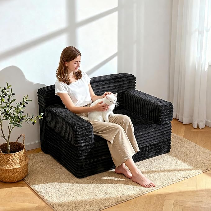 Folding Sofa Bed,Convertible Sofa Bed with Armrest Foldable Sleeper Chair, Portable Folding 4-in-1 Floor Sofa with Convertible Lounge Chair for Living Room,Bedroom,Washable Cover,Black Single