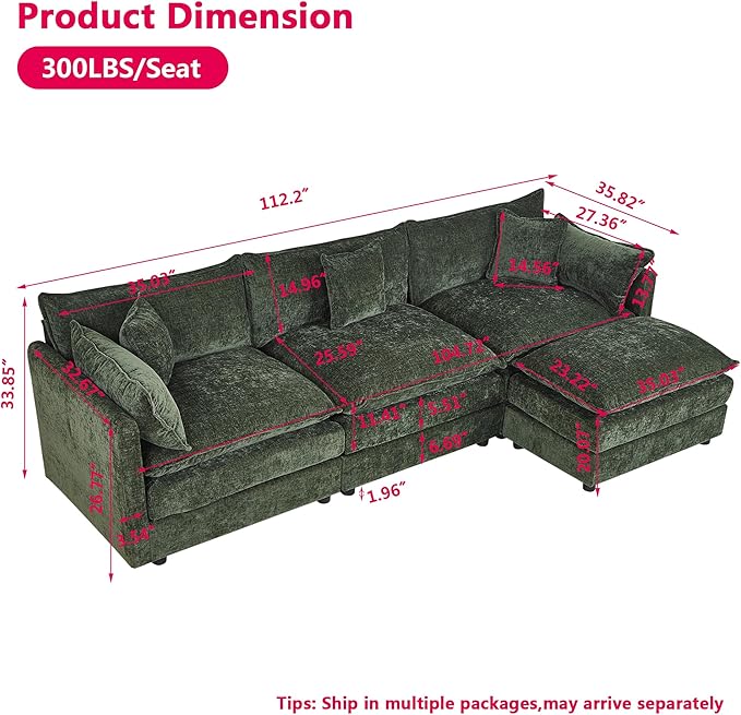 Aoowow Modular Sectional Sofa Modern Convertible L Shaped Couch,112.2 Inch Deep 3-Seater Sofas Set Comfy Chenille Cloud Sofas and Couches with Movable Ottoman for Living Room Apartment（Green）