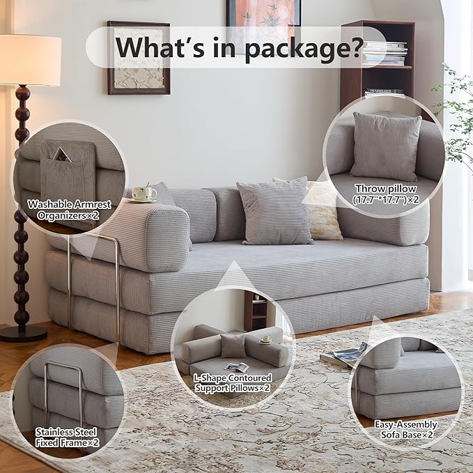 LIAROO 78.8" Convertible Sofa Bed - Compression Sofa with Corduroy Fabric - with Armrests and Backrest - Modular Sectional for Living Room, Bedroom, Studio - Compression Sofa in Box (Grey)