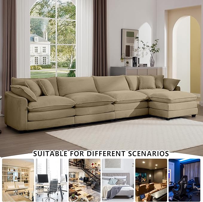 Aoowow Corduroy 4 Seater Cloud Couch with Ottoman,Modern Cloud Couches for Living Room,Modular Sectional Cloud Sofas with Deep Seat,Oversized Tufted L-Shaped Sofa Set (Tan, 4 Seater + 1 Ottoman)