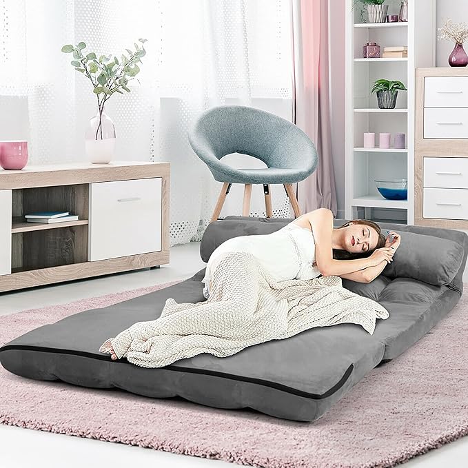 DORTALA Foldable Floor Sofa, 6-Position Adjustable Lounge Couch with 2 Pillows & Suede Cloth Cover, Modern Lounge Mattress Video Gaming Lazy Couch, Floor Seating Sofa, 71" x 44.5", Grey
