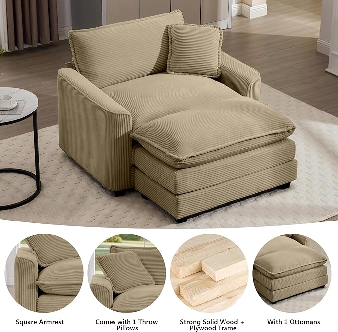 Aoowow Corduroy Large Armchair with Ottoman,Oversized Single Sofa Chair with Ottoman,Single Seat Cloud Sofas Couches for Living Room,Tufted Indoor Chaise Lounge Chair (Tan, Sofa Chair + Ottoman)
