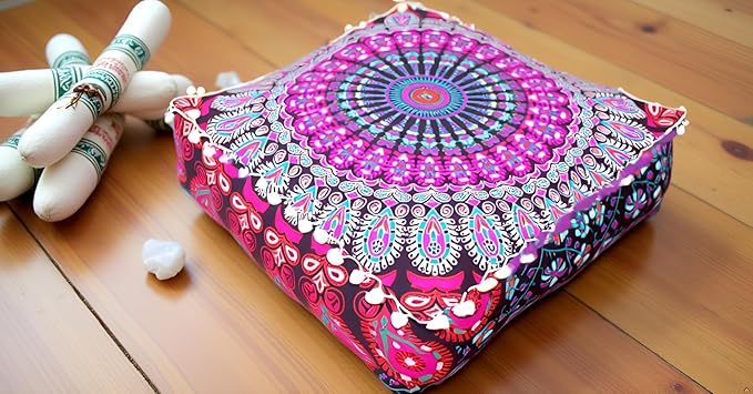 CRAFT KALA Pink Peacock Large Hippie Mandala Meditation Floor Ottoman Pillow Cushion Pouf Cover Square Poufs Bohemian Circle Floor Cushion Case Outdoor Fireplace Living Room Decor Cover 16" Square