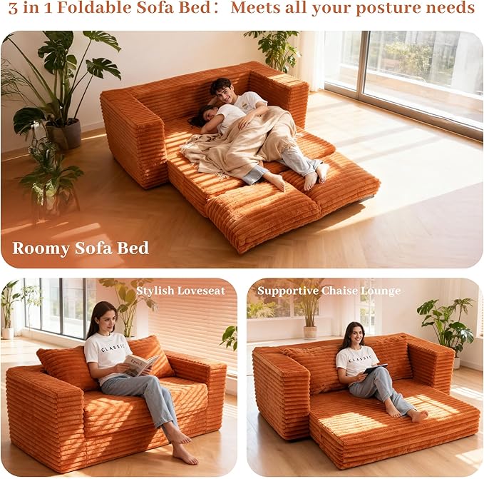 HABUTWAY Convertible Folding Sofa Bed Couch,3 in 1 Pull Out Couch Bed,Loveseat Sleeper Sofa Bed,Boneless Couches with Pillows for Living Room Bedroom, Brown