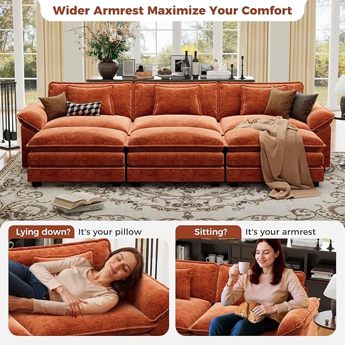 CDCASA 120" Oversized Modular Sectional Sofa Bed, Comfy Cloud Couch w/ 3 Movable Ottomans, 6-Seater Chenille Deep Seat Sofa Bed Modern Sofa Couch for Living Room, DIY Combination, Terracotta Orange