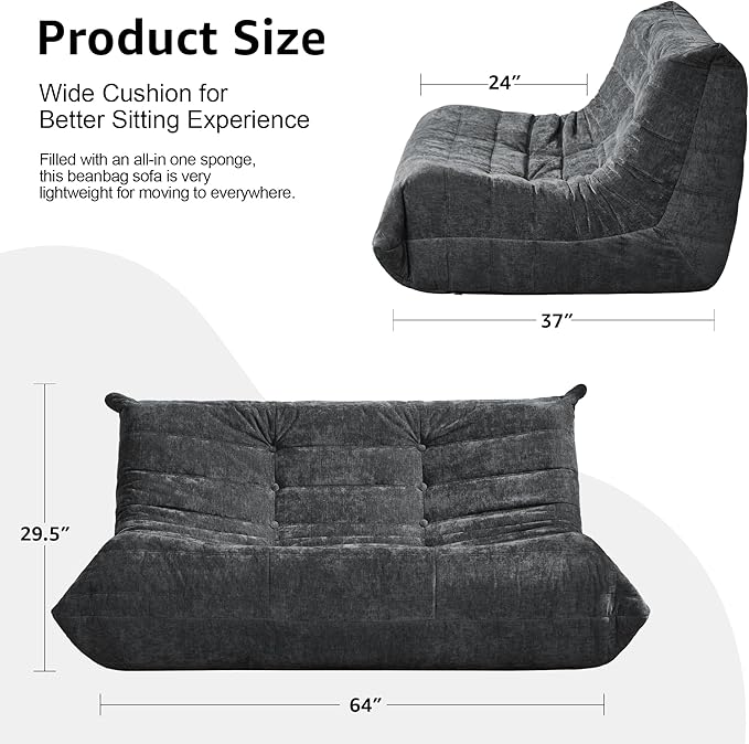 Bean Bag Chairs for Adults Giant Bean Bag Chair Memory Foam BeanBag Chair Bean Bag Sofa with Filler Faux Fur Fireside Beanbags Lazy Sofa for Living Room Bedroom Office (Darkgrey Chenille, Loveseat)