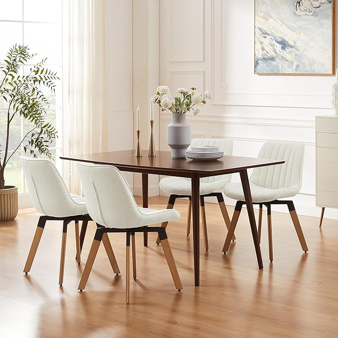 Art Leon Swivel Dining Chairs Set of 2, Mid Century Modern Kitchen Dining Room Chairs, Upholstered Fabric Armless Side Chair with Wood Legs for Living Room Bedroom, Off White
