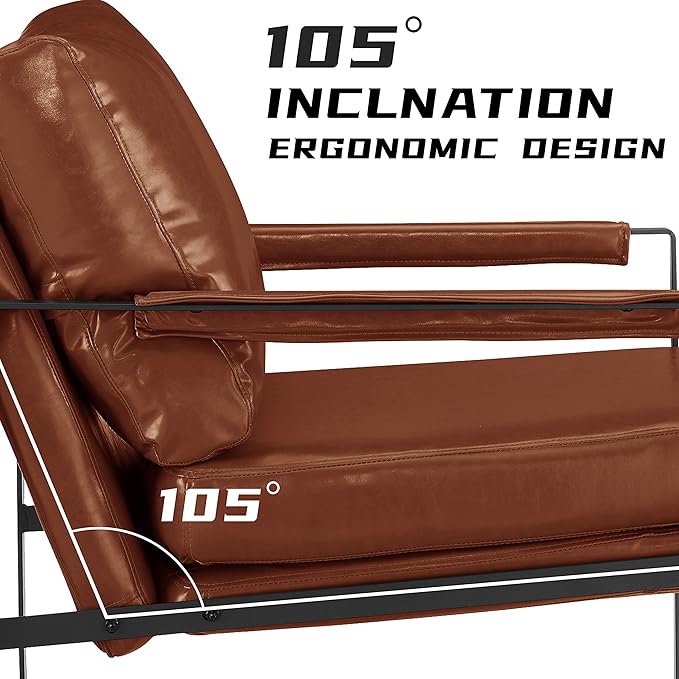 Volans Mid Century Modern Accent Chair with Arms for Living Room, Faux Leather Accent Chairs for Lounge, Metal Frame Armchair Reading Chair Single Sofa for Bedroom Office, Red Brown
