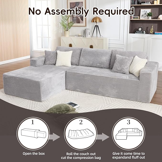 Opiesit 108" Boneless Couches for Living Room, Modular Sectional Sofa with Oversized Chaise, L-Shape Cloud Couch with Deep Seat, High-Density Memory Foam, No Assembly Required, Plush Corduroy Grey