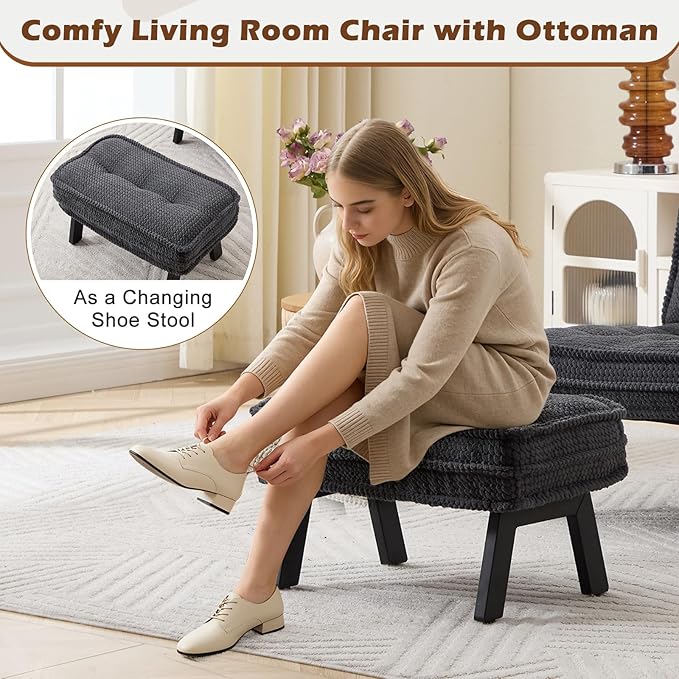 ANJ Accent Chair with Ottoman Adjustable Backrest, Living Room Chair Tufted Upholstered Lounge Chair with Footrest Set, Modern Chair Cozy Reclining Chair for Reading Room Bedroom