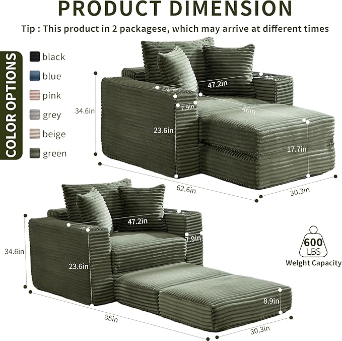 Boneless Chaise Lounge Chair Indoor, All-Foam Convertible Lounge Chair with No Frame, Wide Reclining Floor Lounger for Reading, Napping & Relaxation, No Assembly Needed (Green)