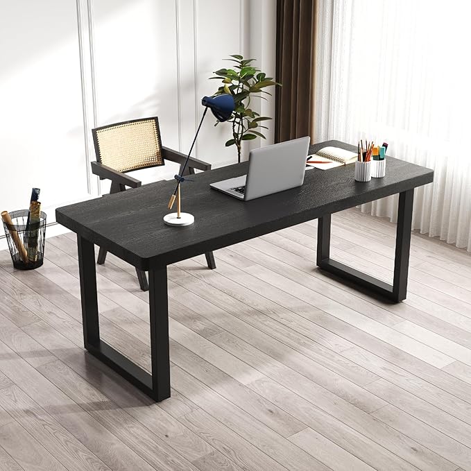 62.99in Solid Wood Computer Desk with Sturdy Metal Base - Stylish & Durable Black Office/Study Desk | Multiple Sizes for Home Office Workspace & Study Area