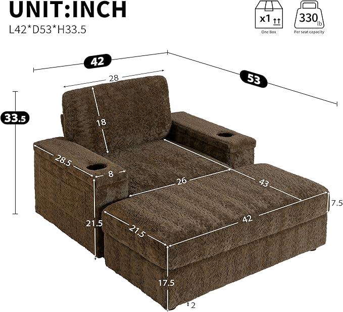 Indoor Chaise Lounge with Storage Ottoman, Armrests, and Cup Holders, Oversized Sleeper Chair for Living Room and Bedroom, 4 Colors