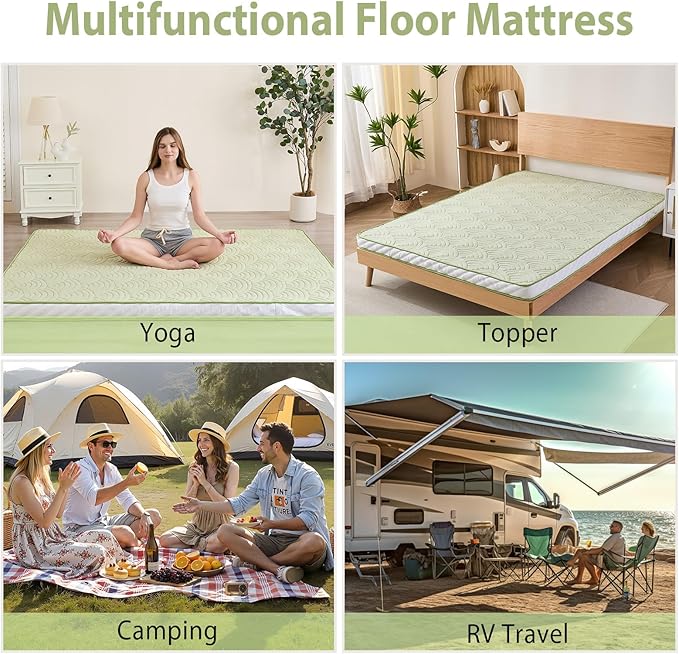 Zelladorra Japanese Floor Mattress, Quilted Futon Mattress with Anti-Slip Bottom, Foldable Floor Bed with Storage Bag and Straps, (Green, Queen)
