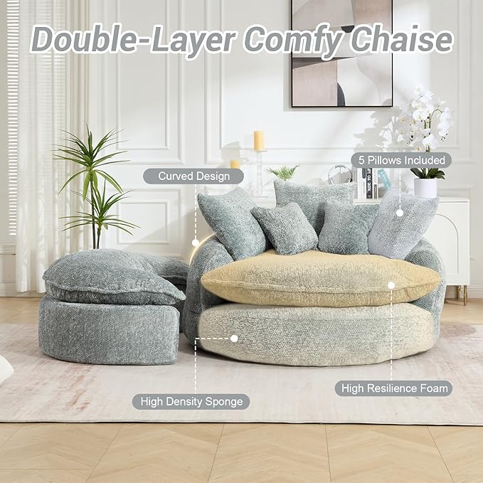 54" Oversized Round Chaise Lounge Indoor Boneless Bean Bag Chair with Movable Ottoman Fluffy Comfy Reading Chair Large Circle Cloud Couch Sleeper Sofa Bed for Living Room, Bedroom, Blue Gray