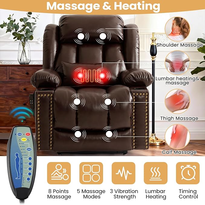 Oversized Power Lift Recliner Chair for Elderly Big and Tall, Dual Motor Heavy-Duty Lift Chair with Heat & Massage, Lay Flat Wide Recliner, USB-C, Cup Holders, Lumbar Pillow, PU Leather, Brown
