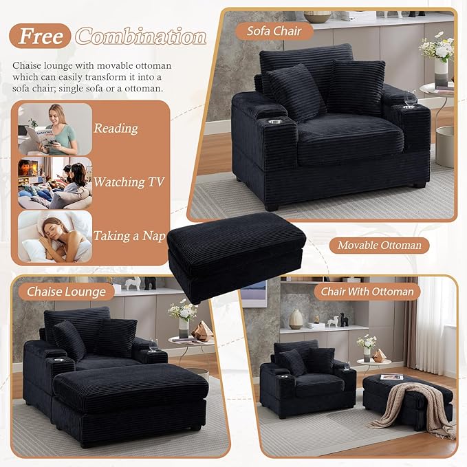 50" Oversized Chaise Lounge Chair Indoor with Ottoman and Storage, Deep Seat Upholstered Reading Chair, Comfy Corduroy Sleeper Chair with Cup Holder, Reclining Chair for Living Room, Bedroom, Black