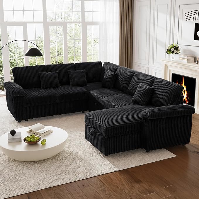 Modular Sectional Sleeper Sofa with Pull Out Bed, Storage Chaise & USB Charging, U Shaped Plush Corduroy Black Sectional Couches for Living Room, Comfy Convertible 7 Seat Cloud Sofa Bed, Black