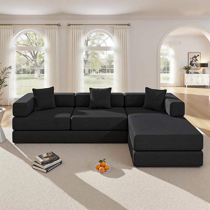 108" Oversized Convertible Sleeper Sofa Bed, Corduroy L Shape Sectional Couch, Folding Sofa Bed with Fixed-Shape Frame, Modern Cloud Floor Mattress Couch, Modular Sofa for Living Room,Black