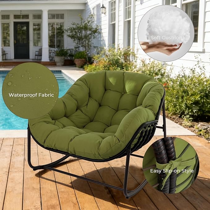 Sgentle Papasan Rocking Chair Outdoor, Oversized Patio Rocking Chair with Cushions & Steel Frame, Wicker Egg Lounge Chair Indoor, Comfy Reading Chair for Patio, Deck, Porch (Green, Style 1)