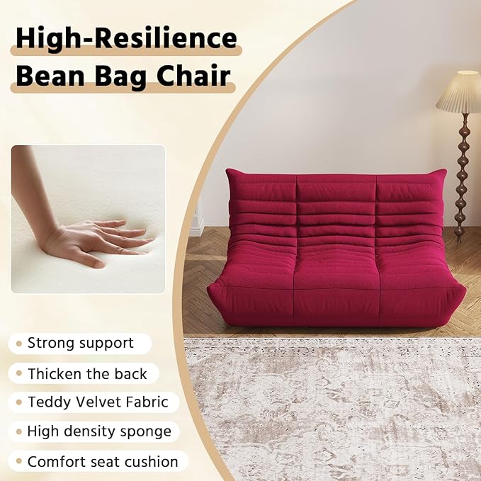 Bean Bag Chair, Fireside Chair, Large Bean Bag Chair for Adults, Bean Bag Chairs for Teens with High-Resilience Foam, Non-Slip Base Floor Lounge Sofa,Living Room (Burgundy, Loveseat)