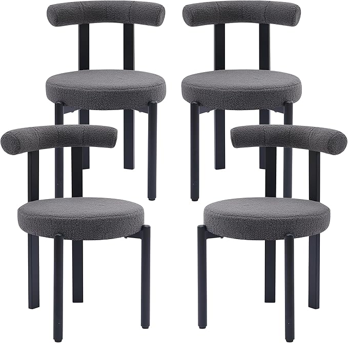 Kiztir Boucle Dining Chairs Set of 4, Modern Dining Room Chairs with Curved Backrest and Black Metal Legs, Upholstered Round Dining Accent Chairs for Kitchen, Living Room, Bedroom (Gray)