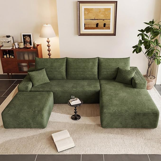 95" U-Shape Cloud Couch, Modern Modular Sectional L-Shape Sofa with Ottoman, Corduroy Upholstered Couches Deep Seat Sleeper Chaise Longue for Living Room, No Assembly Required(Green, Right Facing)