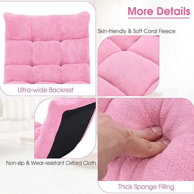 Floor Chair with Back Support, Foldling Gaming Sofa Chair with Comfy Cushion, Adjustable 14-Position Meditation Chairs, Lazy Lounge Recliner Reading Seat for Adults, Kids (Pink)