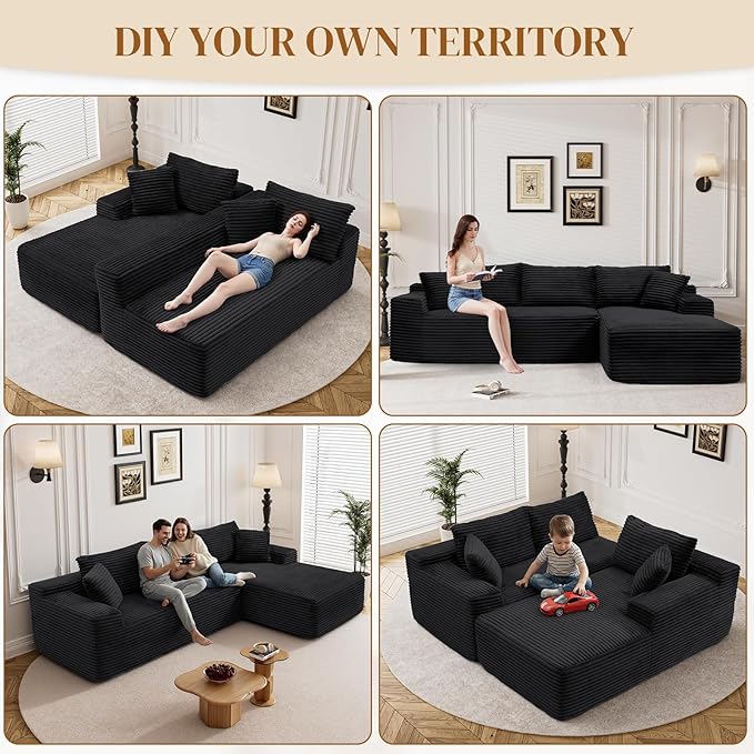 95" Boneless Cloud Sectional Couches for Living Room, Comfy Fluffy L Shaped Memory Foam Deep Seat Boneless Couch, Modular Sectional Sofa with Right Facing Chaise, Black